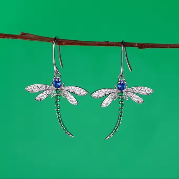 Emerald Green Dragonfly Dangle Earrings - Picture 3 of 10